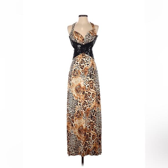 Dimitra Designs leopard Cheetah and sequin hi lo maxi cocktail dress, size 1/2 - Picture 1 of 9